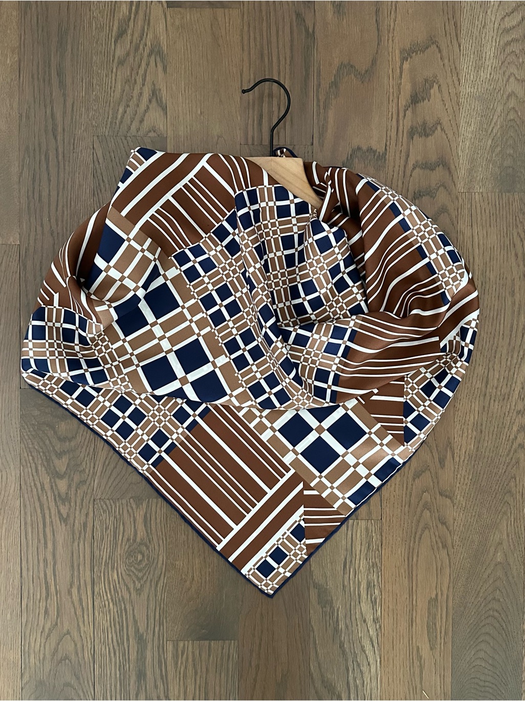 Lafayette 148 Silk Checked Mixed Print Scarf In Navy, White, Brown 34" Square